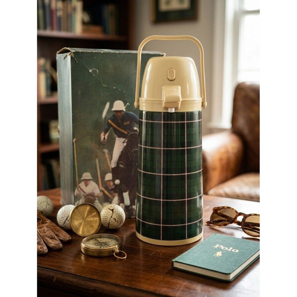 Vintage Polo Ralph Lauren Thermos - Hunter Green & Blush Pink Plaid - 1qt Airpot